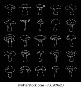Mushrooms set thin line vector illustration for design and web isolated on black background. Mushrooms house vector object for labels, logos and advertising
