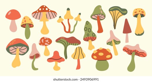 Mushrooms set. Whimsical cute mushrooms. Autumn set of hand drawn cute design elements. Fall, Thanksgiving Day, Autumn season.