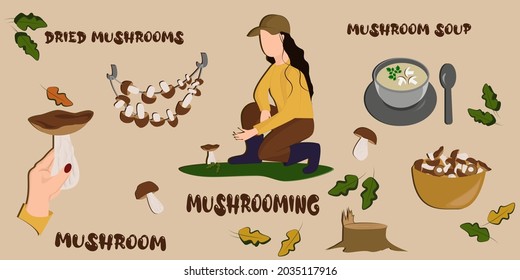 Mushrooms. Set. Young brunette woman picks mushrooms in the forest. Mushroom soup. Dried mushrooms on a rope. Autumn. Flat vector.