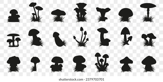 Mushrooms silhouette in black. Mushroom and toadstool collection. Set of mushrooms silhouettes. Mushrooms with grass silhouette