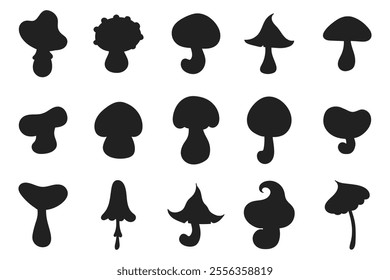 Mushrooms silhouette collection. Fungi, forest plants collection. Isolated vector illustration. 