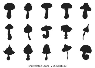 Mushrooms silhouette collection. Fungi, forest plants collection. Isolated vector illustration. 