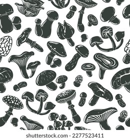 Mushrooms silhouette seamless pattern. Autumn forest plants silhouettes, champignon, shiitake, chanterelle and king oyster flat vector background illustration