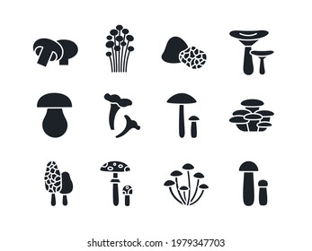 Mushrooms silhouette set. Black vector silhouettes. Fill solid icon. Modern glyph design. Champignon enoki truffle russula porcini cep chanterelle oyster morel fly agaric honey toadstool birch bolete