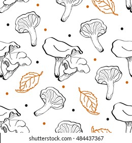 Mushrooms sketch seamless pattern. Autumn background. Template for label design. For vegan products, brochures, banner, restaurant menu, farmers market and organic 