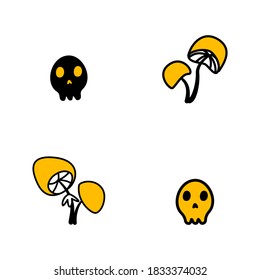 Mushrooms and skull in doodle drawing style. Halloween icon