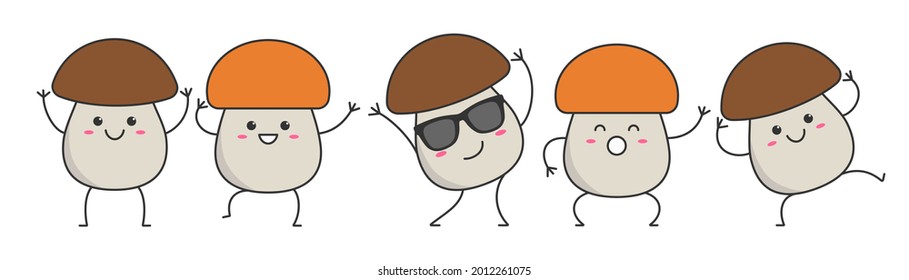 Mushrooms smile dancing character cartoon  happy emotions icon logo vector illustration.