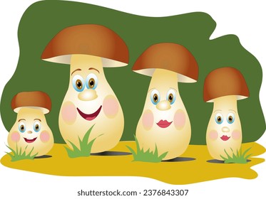 Hongos con caras sonrientes ilustraciones vectoriales. Familia de hongos caricaturistas sonrientes, ilustración vectorial