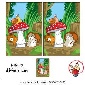 Mushrooms and snail. Find 10 differences. Educational game for children. Cartoon vector illustration.