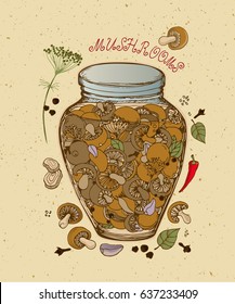 mushrooms & spices vector hand line illustration