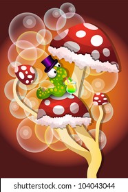 Mushrooms, Spotted, Red, Green Worm, Bubbles, Cocktail Drink, vector illustration