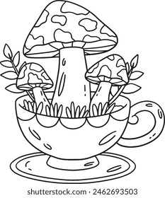 Mushrooms Sprouting from Teacup Isolated Coloring