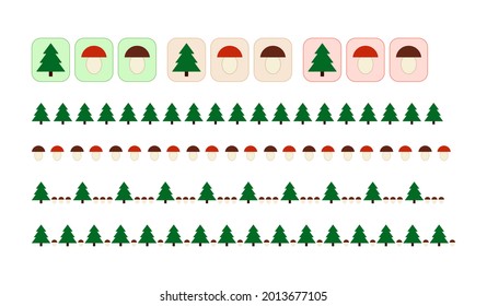 mushrooms and spruce set, simple vector borders backgrounds and icons, christmas trees isolated on white background 