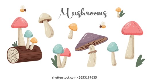 Cogumelos, toco com cogumelos, abelha. Mão desenhada. grama, prado. Prado de cogumelos. Estilo bonito e acolhedor, fundo branco. Vetor.