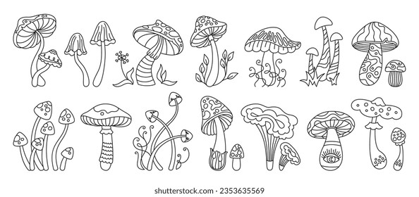 Mushrooms stylizes hippie doodle linear set. Mystical boho magic poisonous and edible tattoo mushrooms. Organic line poisonous psychedelic fungus 70s and 80s style. Cartoon sketch vector collection