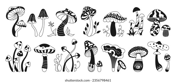 Mushrooms stylizes hippie engraving set. Mystical boho magic poisonous and edible doodle tattoo mushrooms. Organic line poisonous psychedelic fungus 70s and 80s style. Glyph sketch vector collection