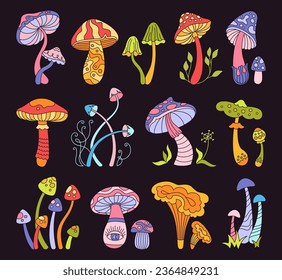 Mushrooms stylizes hippie magic set. Poisonous psychedelic abstract mushrooms style of 70s or 80s collection. Vibrant groovy porcini and chanterelle mystical boho fungus, retro fantastic vector