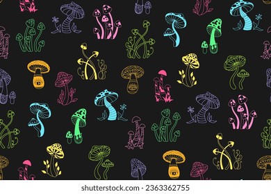 Mushrooms stylizes hippie retro seamless pattern. Poisonous psychedelic abstract mushrooms endless background, doodle linear style wrapper. Vibrant magic fantastic fungus repeat ornament print