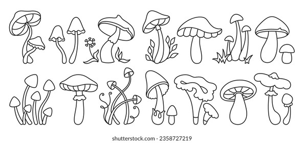 Mushrooms stylizes hippie symbol linear set. Mystical boho magic poisonous and contour edible mushrooms. Organic line poisonous psychedelic fungus 70s and 80s style. Icon botanical vector collection