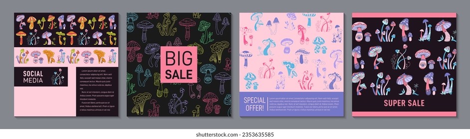 Mushrooms stylizes retro cover or square card design set. Poisonous psychedelic abstract fungus pattern page flyer, trendy notebook planner. Decorative mystical boho mushrooms background template