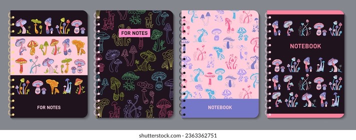 Mushrooms stylizes retro notebook cover set. Poisonous psychedelic fungus abstract design for planner, brochure, book, catalog. Notepad with mystical boho mushrooms. Decorative layout page template