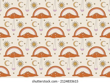 Mushrooms, sun and moon. Seamless hippie pattern