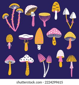 Mushrooms toadstools doodle trendy colorful vector icons set