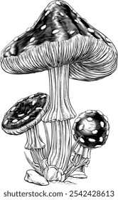 Mushrooms toadstools original illustration drawing in a vintage engraved woodcut etching style