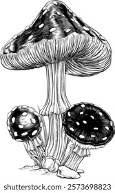 Mushrooms toadstools original illustration drawing in a vintage engraved woodcut etching style