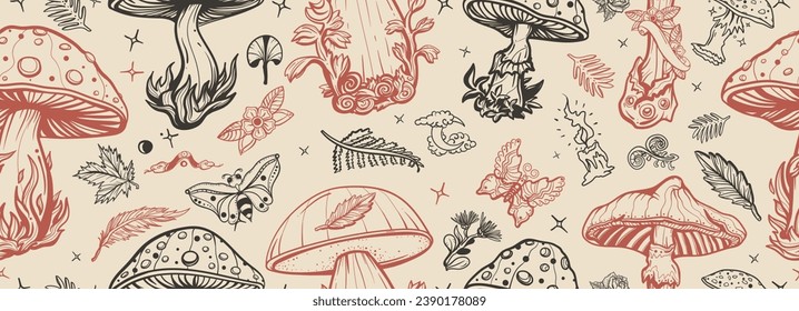 Mushrooms. Traditional tattooing background. Autumn forest, fly agaric, mushroom grebes, boletus. Old school tattoo vector seamless pattern