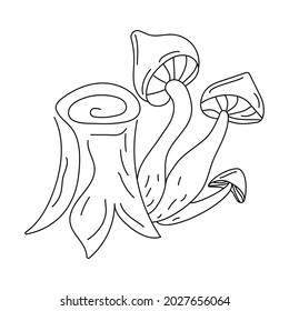 Mushrooms and tree stump Forest mushrooms. Doodle vector illustration. White isolated background.