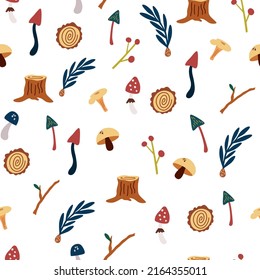 Mushrooms and twigs seamless pattern. Forest plants elements. Wild botanical set. Scandinavian style. Vector background for fabric, textile, apparel, wallpaper.