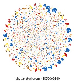 Mushrooms twirl stream. Element twirl done from random mushrooms symbols. Vector illustration style is flat iconic symbols.