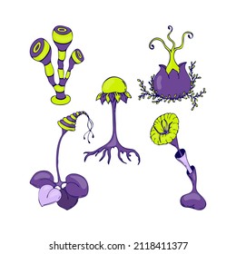 Mushrooms unreal fantastic magical set, hand drawn doodle, isolated, white background. Vector illustration
