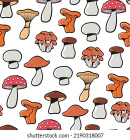 Mushrooms vector cartoon seamless pattern on a white background for wallpaper, wrapping, packing, and backdrop.