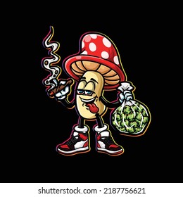 mushrooms vector hold weed nug bag and smoking blunt cannabis bud flower marijuana and happy face