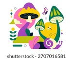 Mushrooms Vector Illustration Featuring Different Mushrooms, Grass And Insects In A Flat Style Cartoon Background