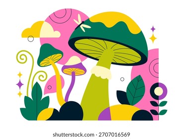 Ilustración vectorial De Setas Con Diferentes Setas, Hierba E Insectos En Un Fondo De Dibujos Animados De Estilo Plano