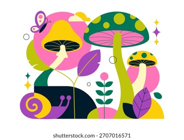 Ilustración vectorial De Setas Con Diferentes Setas, Hierba E Insectos En Un Fondo De Dibujos Animados De Estilo Plano
