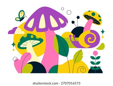 Mushrooms Vector Illustration Featuring Different Mushrooms, Grass And Insects In A Flat Style Cartoon Background
