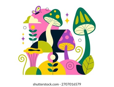 Ilustración vectorial De Setas Con Diferentes Setas, Hierba E Insectos En Un Fondo De Dibujos Animados De Estilo Plano