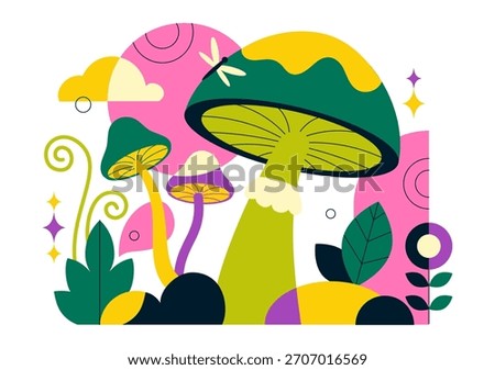 Mushrooms Vector Illustration Featuring Different Mushrooms, Grass And Insects In A Flat Style Cartoon Background