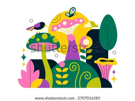 Mushrooms Vector Illustration Featuring Different Mushrooms, Grass And Insects In A Flat Style Cartoon Background