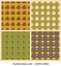 Mushrooms vector illustration on a seamless pattern background. Set of elements