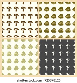 Mushrooms vector illustration on a seamless pattern background. Set of elements