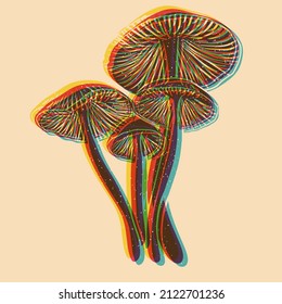 Mushrooms. Vector illustration. Risograph print effect. Glitch effect. Vector illustration. Graphic element  for fabric, textile, clothing, wrapping paper, wallpaper, poster.