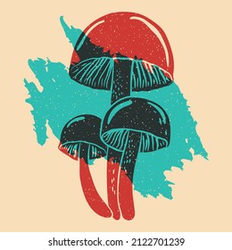 Mushrooms. Vector illustration. Risograph print effect. Glitch effect. Vector illustration. Graphic element  for fabric, textile, clothing, wrapping paper, wallpaper, poster.