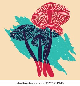 Mushrooms. Vector illustration. Risograph print effect. Glitch effect. Vector illustration. Graphic element  for fabric, textile, clothing, wrapping paper, wallpaper, poster.