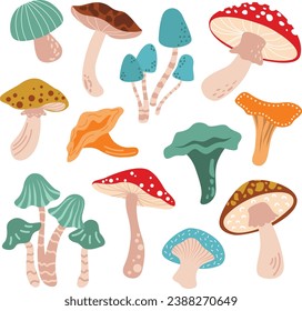 Mushrooms vector illustration set. 12  separate vector elements