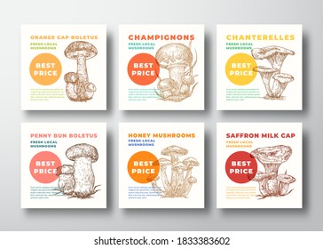 Mushrooms Vector Label Templates Collection. Hand Drawn Champignons, Chanterelles, etc. Sketches with Modern Typography. Edible Plants Cards. Advertising Emblems or Package Labels Set. Isolated.